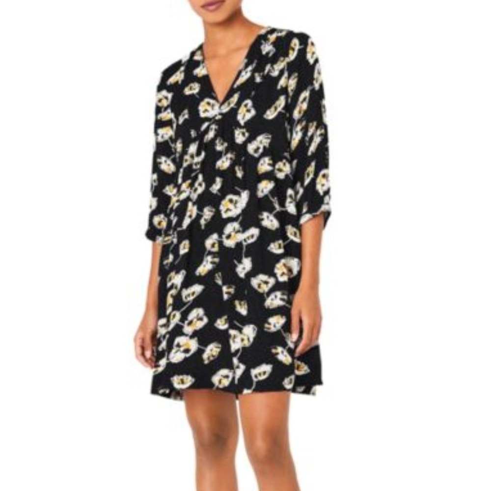 BA&SH Babydoll V-neck Black Floral Dress US 8 NWT $295 UTA Mini Satin Jacquard